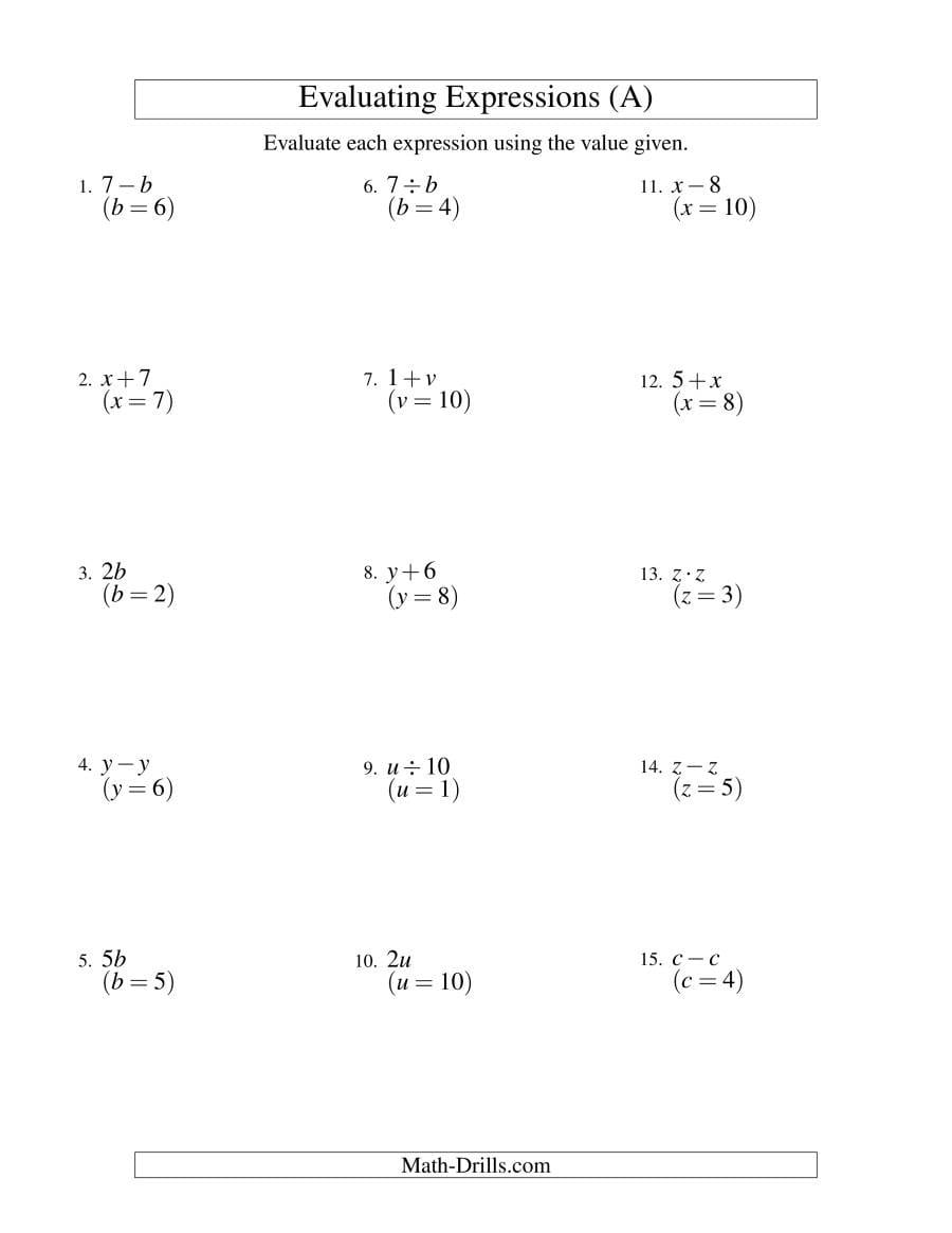 Evaluating Onestep Algebraic Expressions With One Variable A Along With Evaluating Expressions Worksheet Pdf