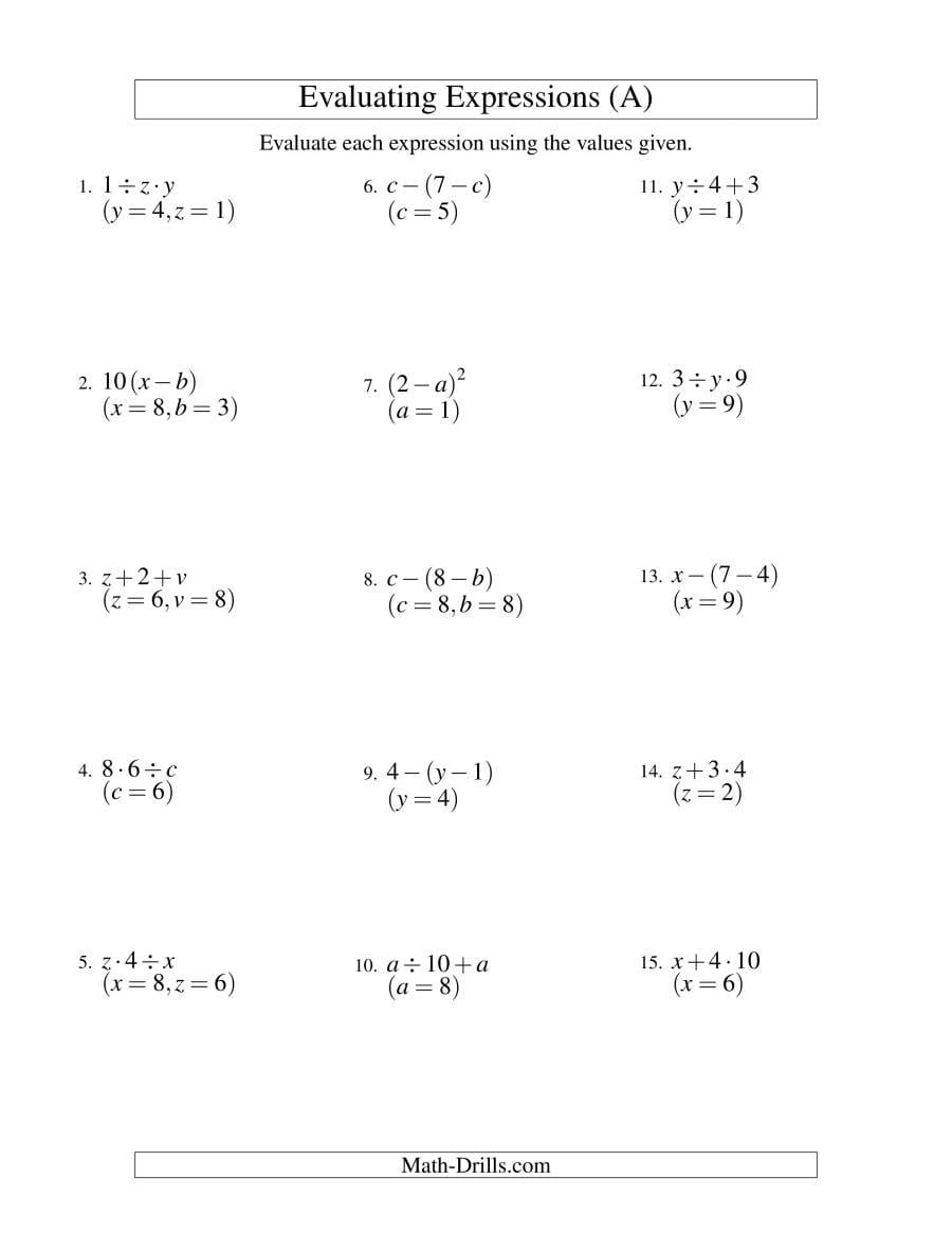 Evaluating Twostep Algebraic Expressions With Two Variables A Together With Evaluating Expressions Worksheet Pdf