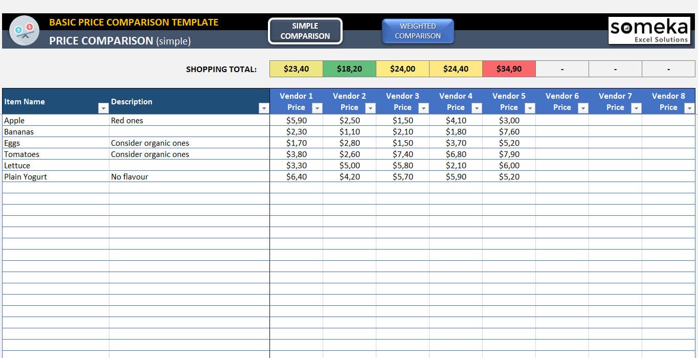 Excel Price Comparison Template  Free Cost Comparison Template And Cost Worksheet Template