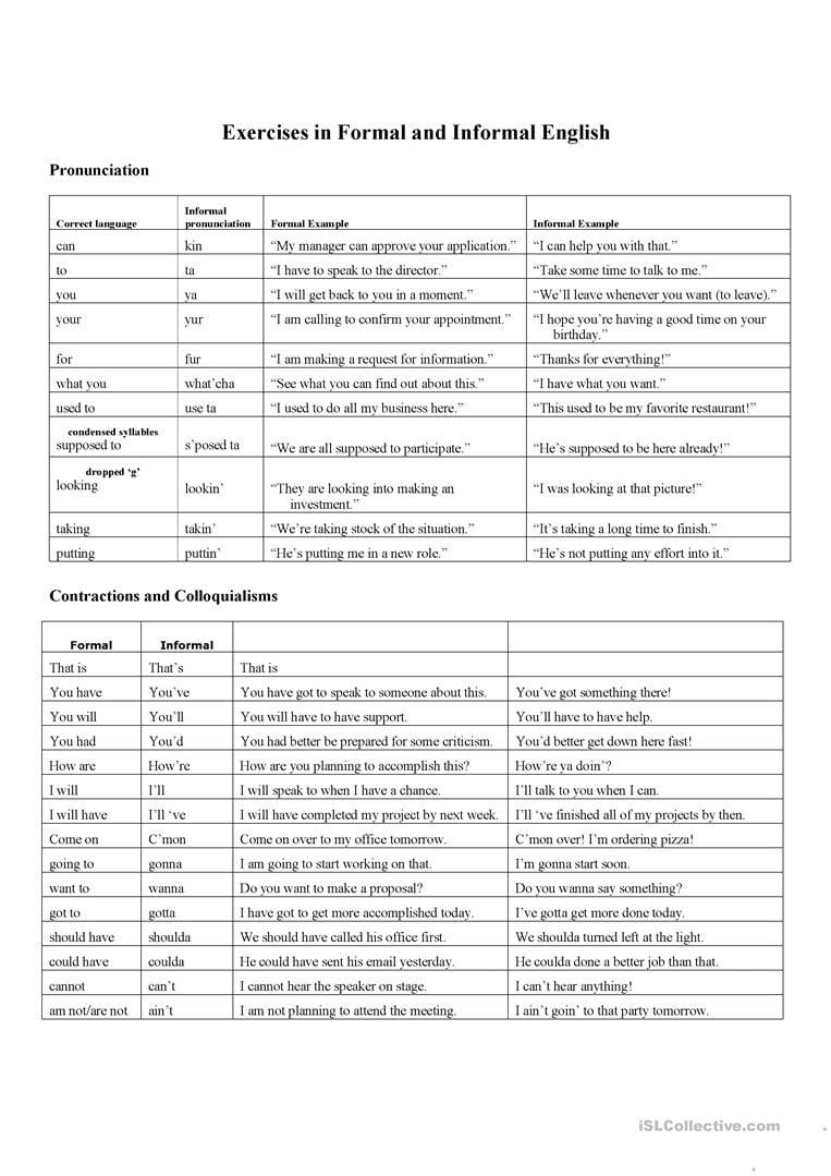 Exercises In Formal And Informal English Worksheet  Free Esl Along With English Worksheets Exercises