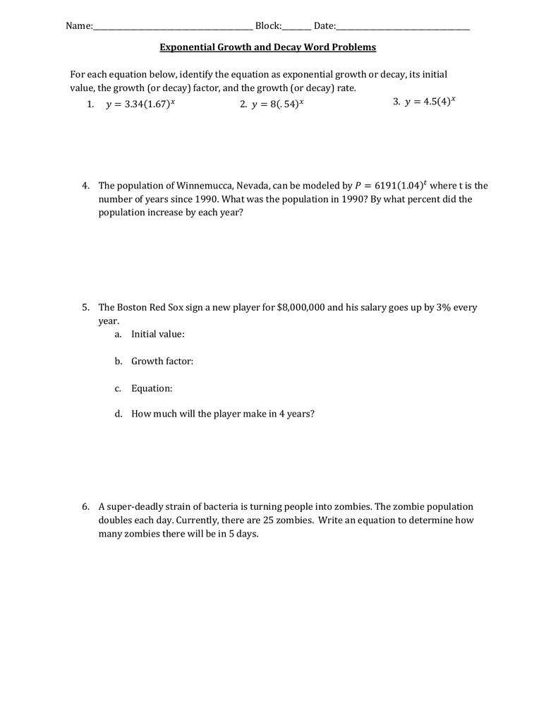 Exponential Growth And Decay Word Problems Throughout Exponential Growth And Decay Word Problems Worksheet Answers