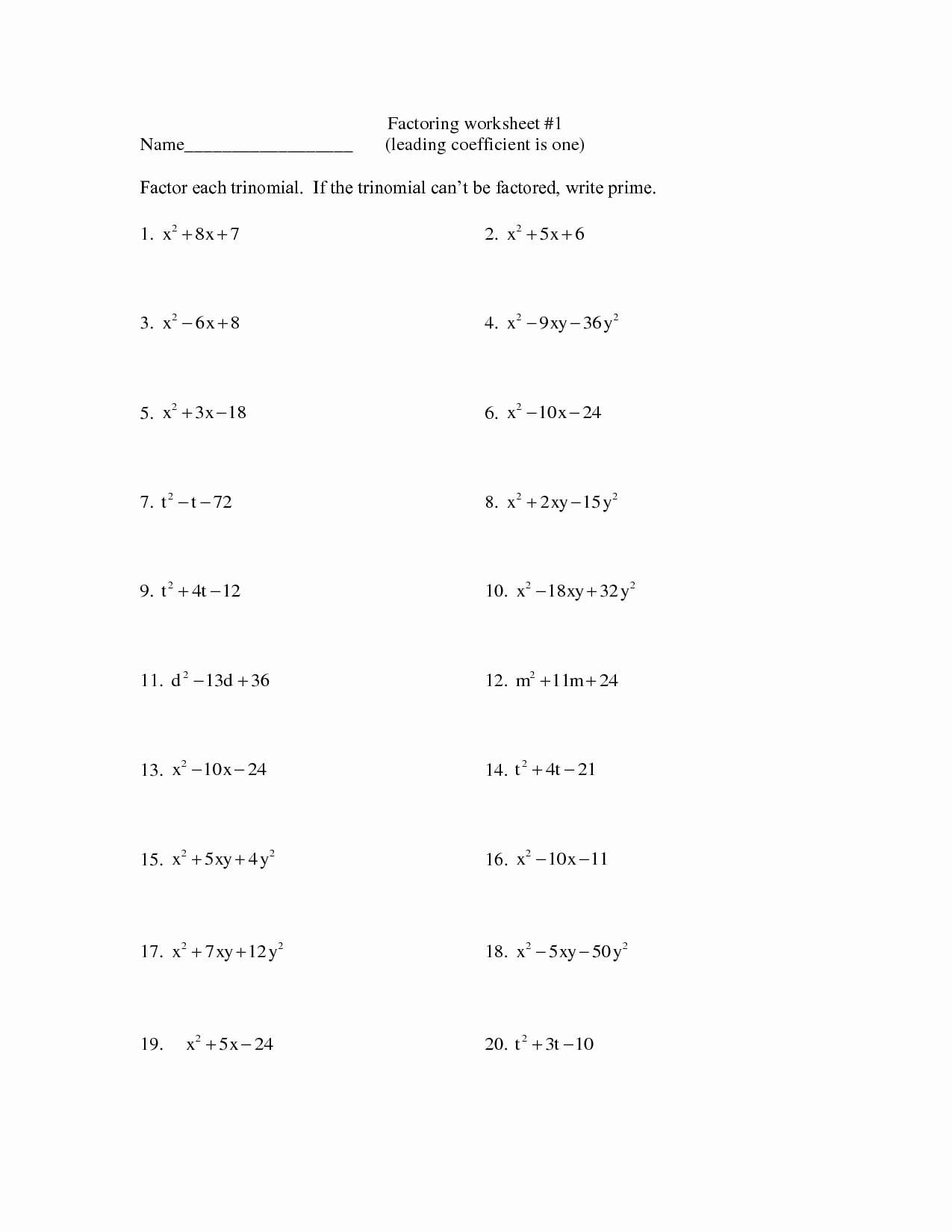 Factoring Quadratics Worksheet  Briefencounters Also Worksheet Factoring Trinomials Answers Key