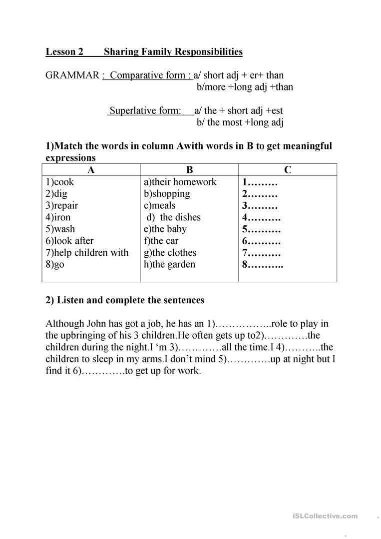 Family Responsibilities Worksheet  Free Esl Printable Worksheets Within Family Dynamics Worksheet