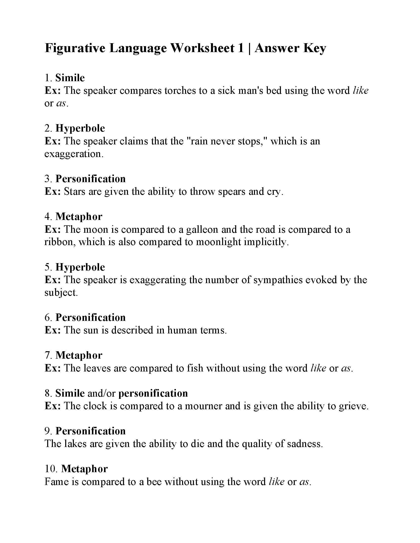 Figurative Language Worksheet 1  Answers In Figures Of Speech Worksheet