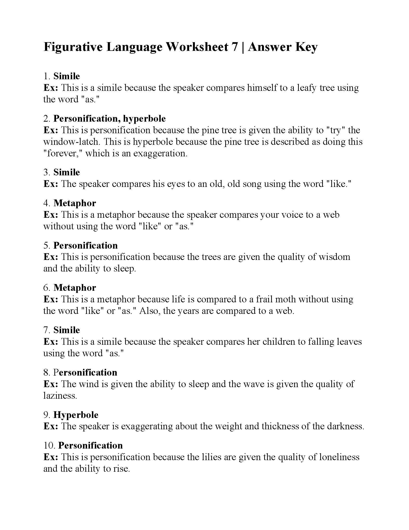 Figurative Language Worksheet 7  Answers With Figurative Language Worksheet 1