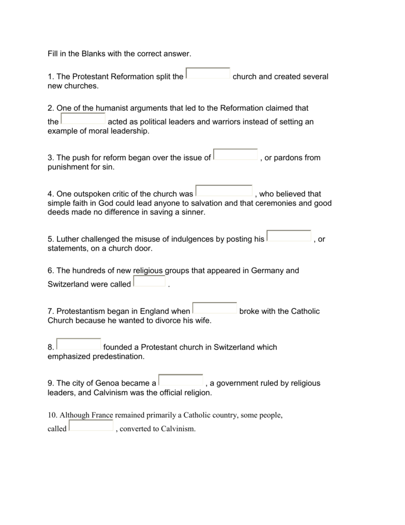 Fill In The Blanks With The Correct Answer 1 The Protestant Within Protestant Reformation Worksheet Answers