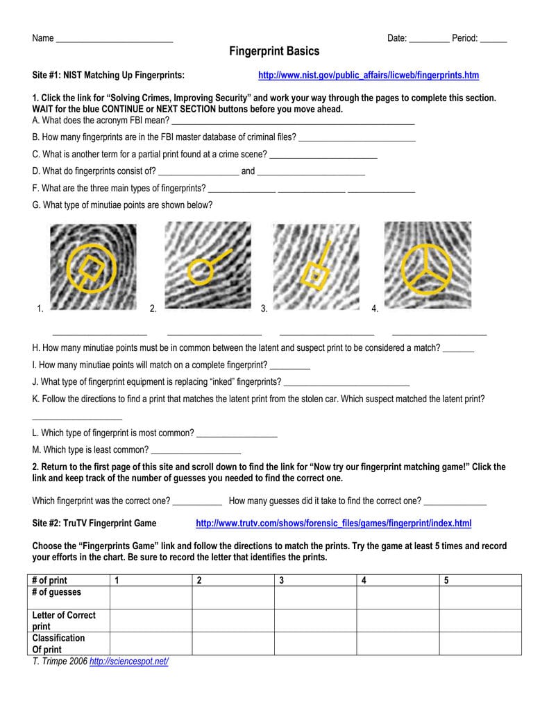 Fingerprint Basics Along With Fingerprint Challenge Worksheet Answers