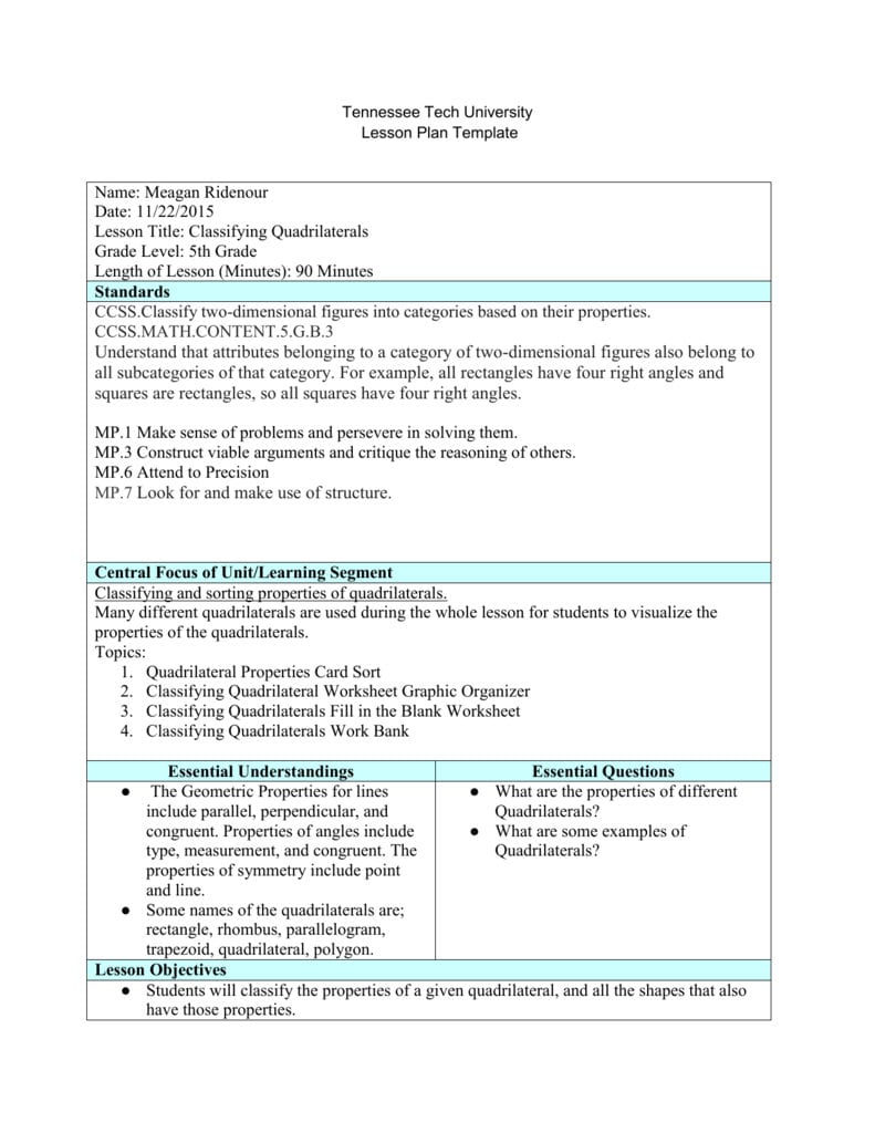 Finished Math Lesson Plan In Classifying Quadrilaterals Worksheet