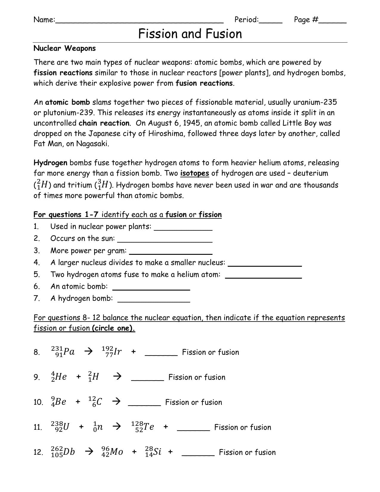 Fission Vs Fusion Worksheet Throughout Fission Versus Fusion Worksheet Answers