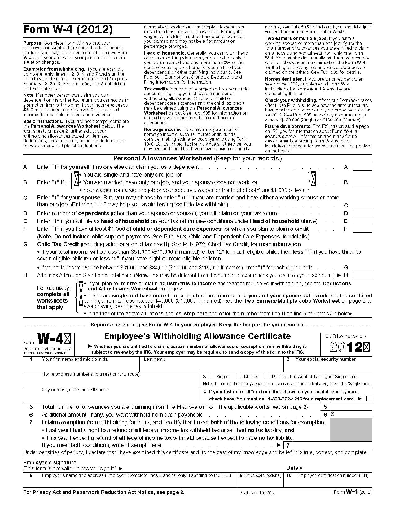 Form W4 Employee's Withholding Allowance Certificate Throughout Form W 4 Worksheet
