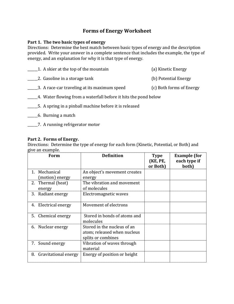 Forms Of Energy Worksheet In Types Of Energy Worksheet
