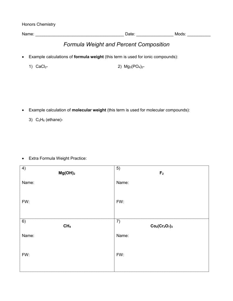 Formula  Percent Composition Packet Pertaining To Percent Composition Chemistry Worksheet