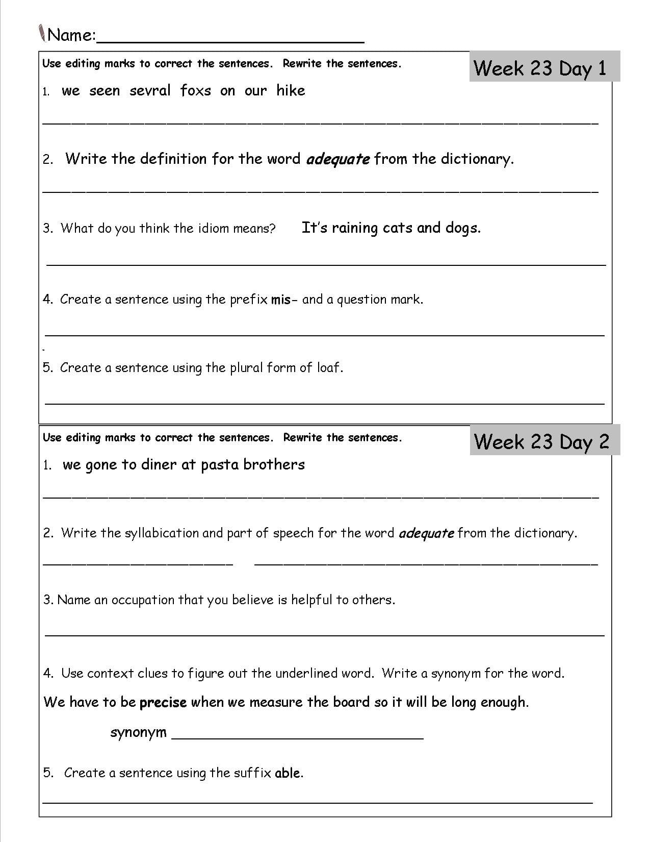 Free 3Rd Grade Daily Language Worksheets Intended For 3Rd Class English Worksheet