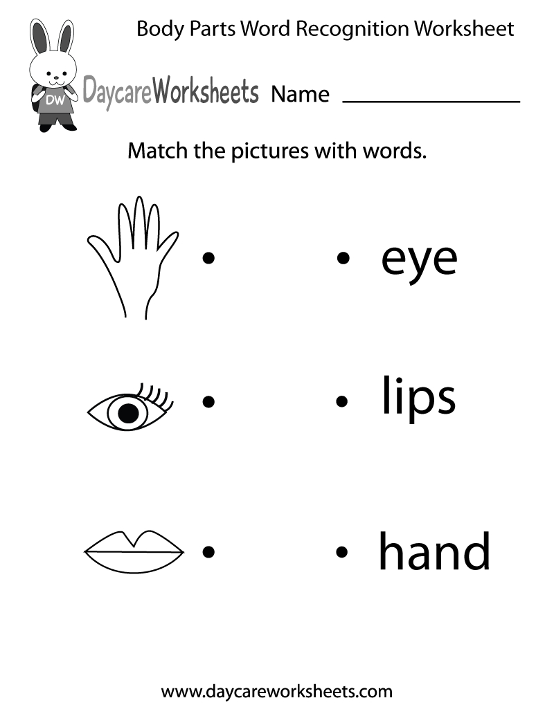 Free Body Parts Word Recognition Worksheet For Preschool With Preschool Reading Worksheets