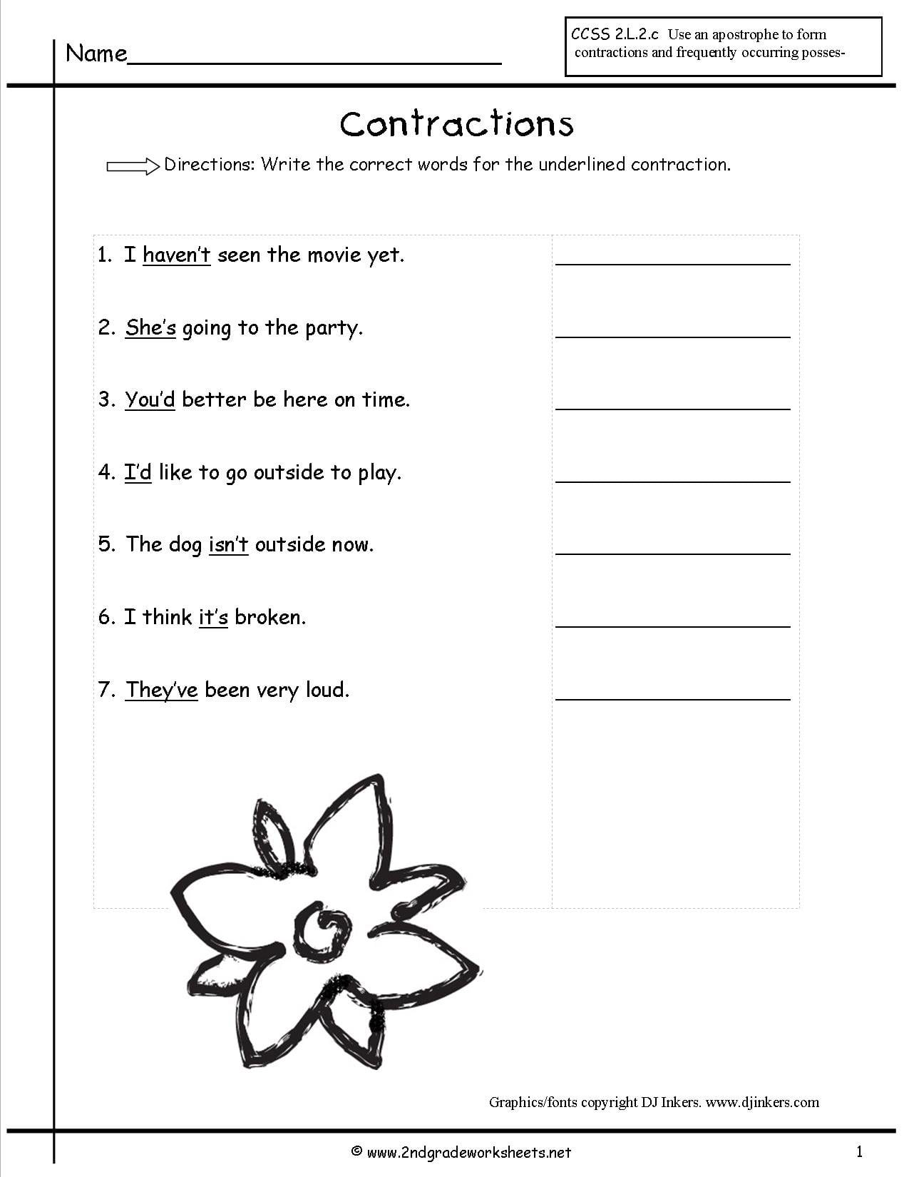 Free Contractions Worksheets And Printouts Pertaining To Free Contraction Worksheets