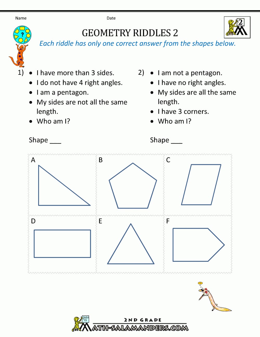 Free Geometry Worksheets 2Nd Grade Geometry Riddles As Well As 5Th Grade Geometry Worksheets