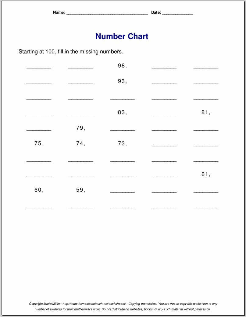 Free Printable Number Charts And 100Charts For Counting Skip In Pre Writing Worksheets Pdf