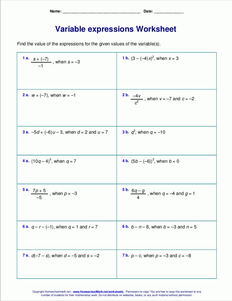 Free Worksheets For Evaluating Expressions With Variables Grades 6 For Evaluating Expressions Worksheet Pdf