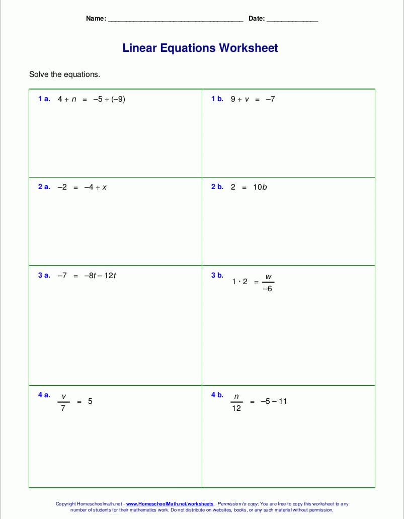 Free Worksheets For Linear Equations Grades 69 Prealgebra Along With Solving One Step Equations Worksheet