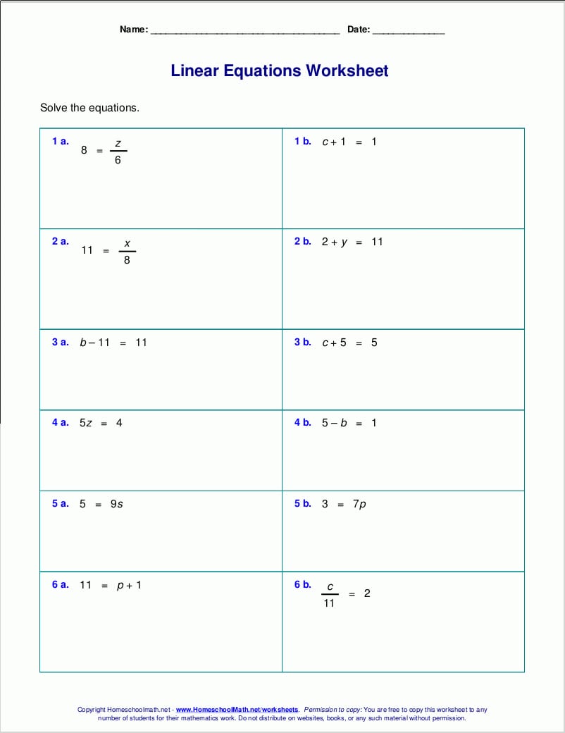 Free Worksheets For Linear Equations Grades 69 Prealgebra Also Pre Algebra Worksheets For 8Th Graders