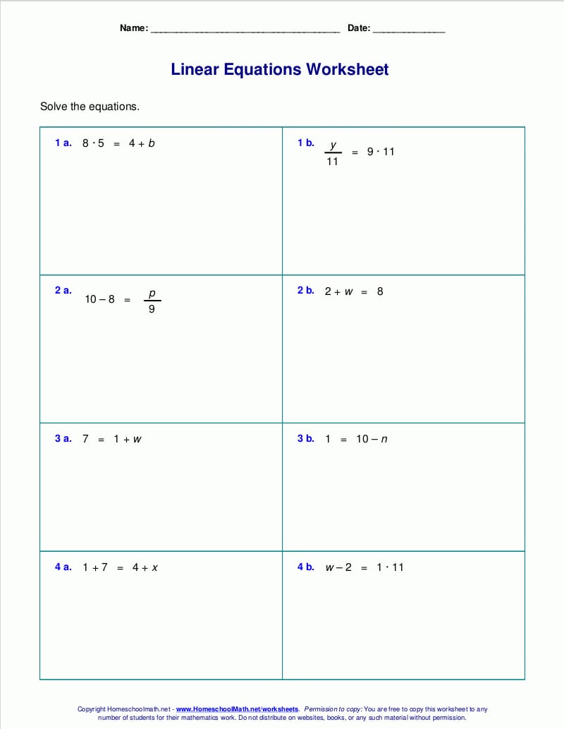 Free Worksheets For Linear Equations Grades 69 Prealgebra And Solving Equations And Inequalities Worksheet Answers