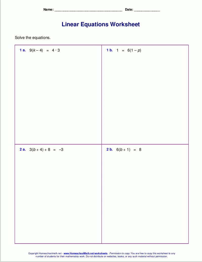 Free Worksheets For Linear Equations Grades 69 Prealgebra Inside Linear Equations Worksheet