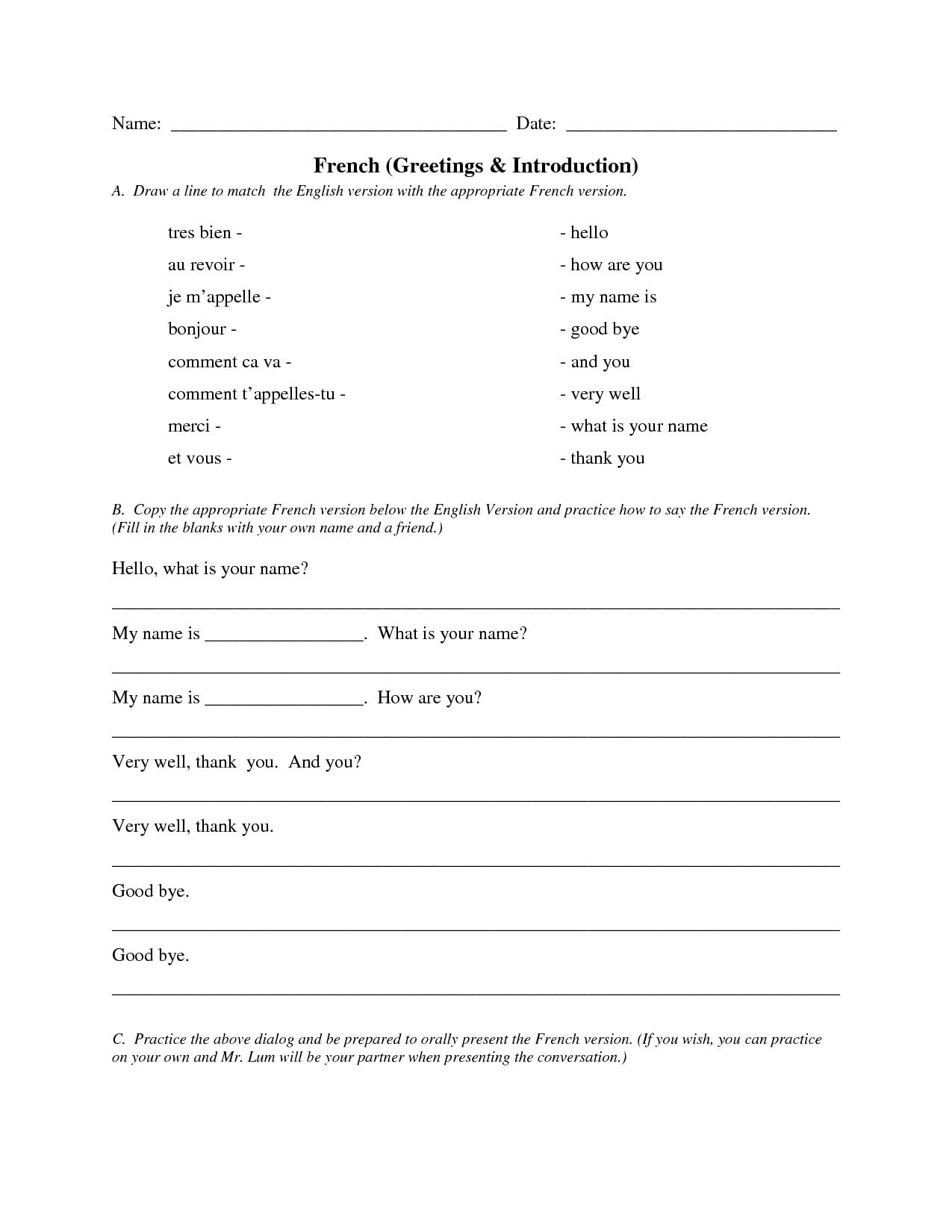French Greetings  Introductions  Exercises In French Intended For French Worksheets For Beginners Pdf