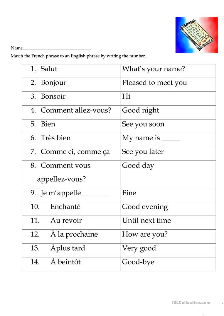 French Greetings Match Worksheet  Free Esl Printable Worksheets Also French Worksheets For Beginners