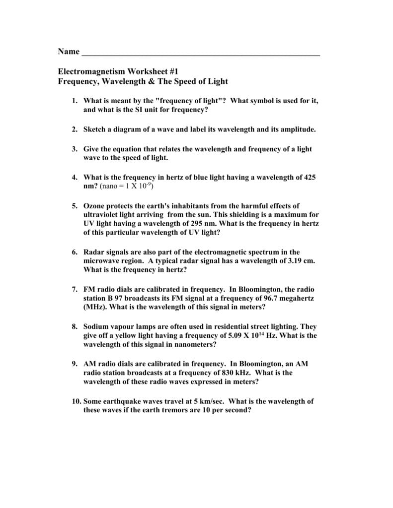 Frequency And Wavelength Worksheet Within Speed Frequency Wavelength Worksheet