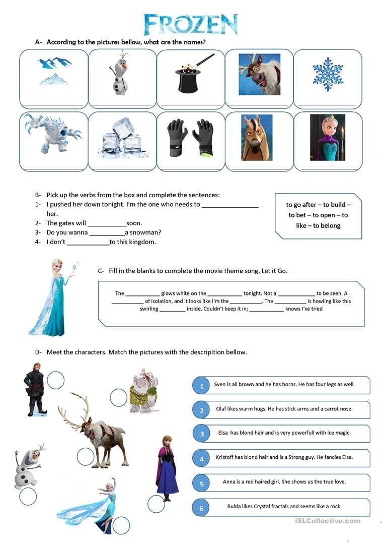 Frozen Movie Vocabulary Exercise Worksheet  Free Esl Printable In Frozen Worksheets For Kindergarten