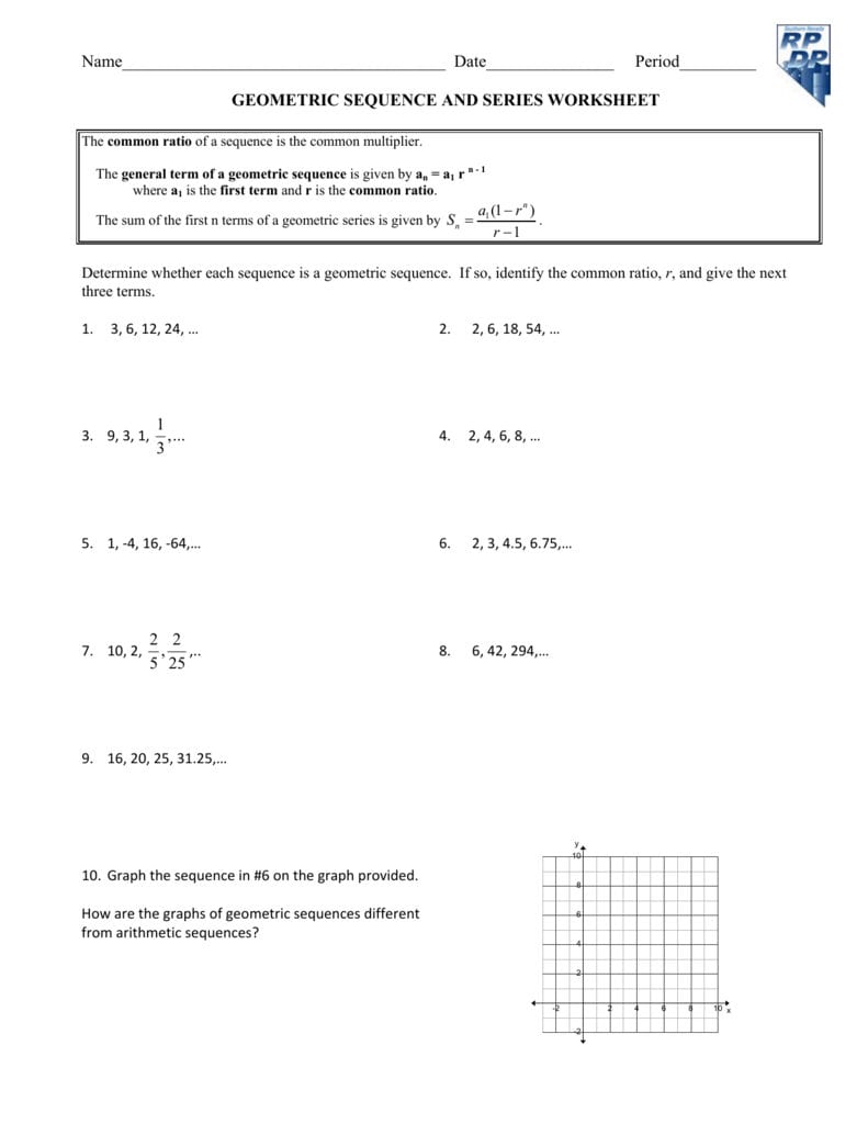 Geometric Sequence And Series Worksheet The Or General Sequences Worksheet Answers