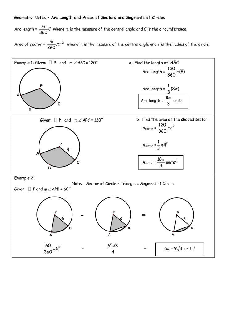 Geometry Notes  Arc Length And Areas Of Sectors And Segments Of In Arc Measure And Arc Length Worksheet