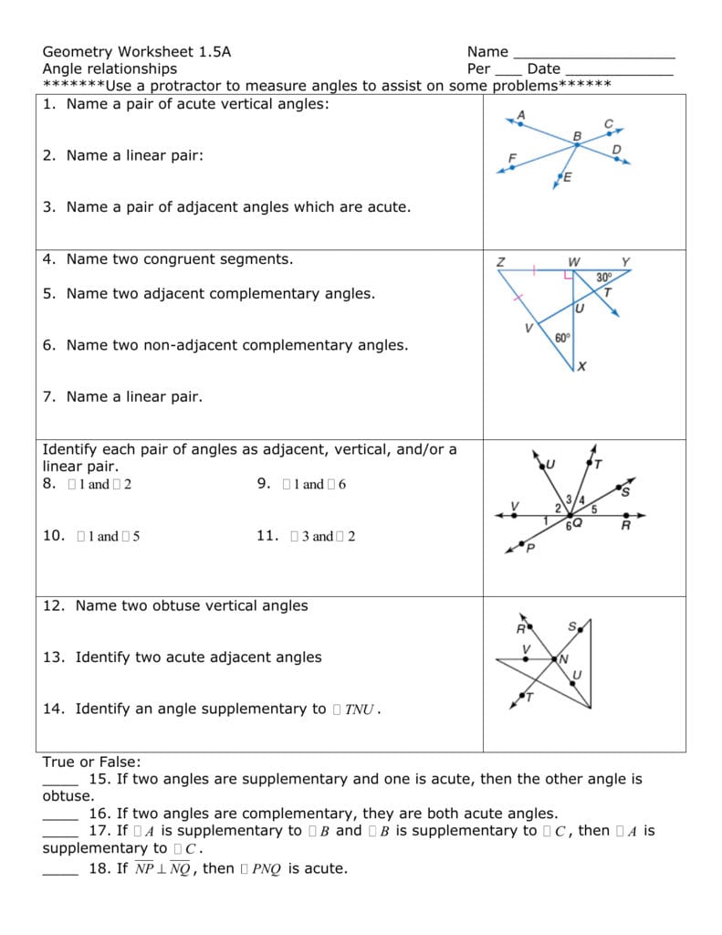Geometry Worksheet 1 And 1 5 Angle Pair Relationships Practice Worksheet Answers