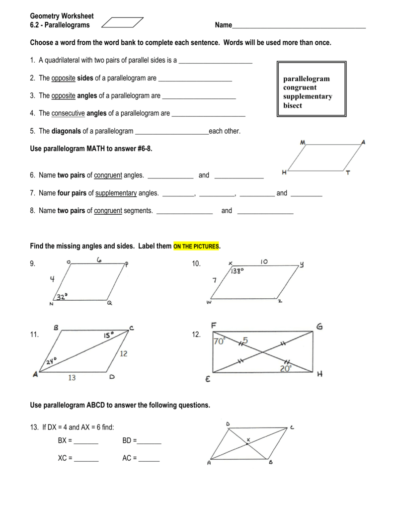 Geometry Worksheet 62 In Geometry Parallelogram Worksheet Answers