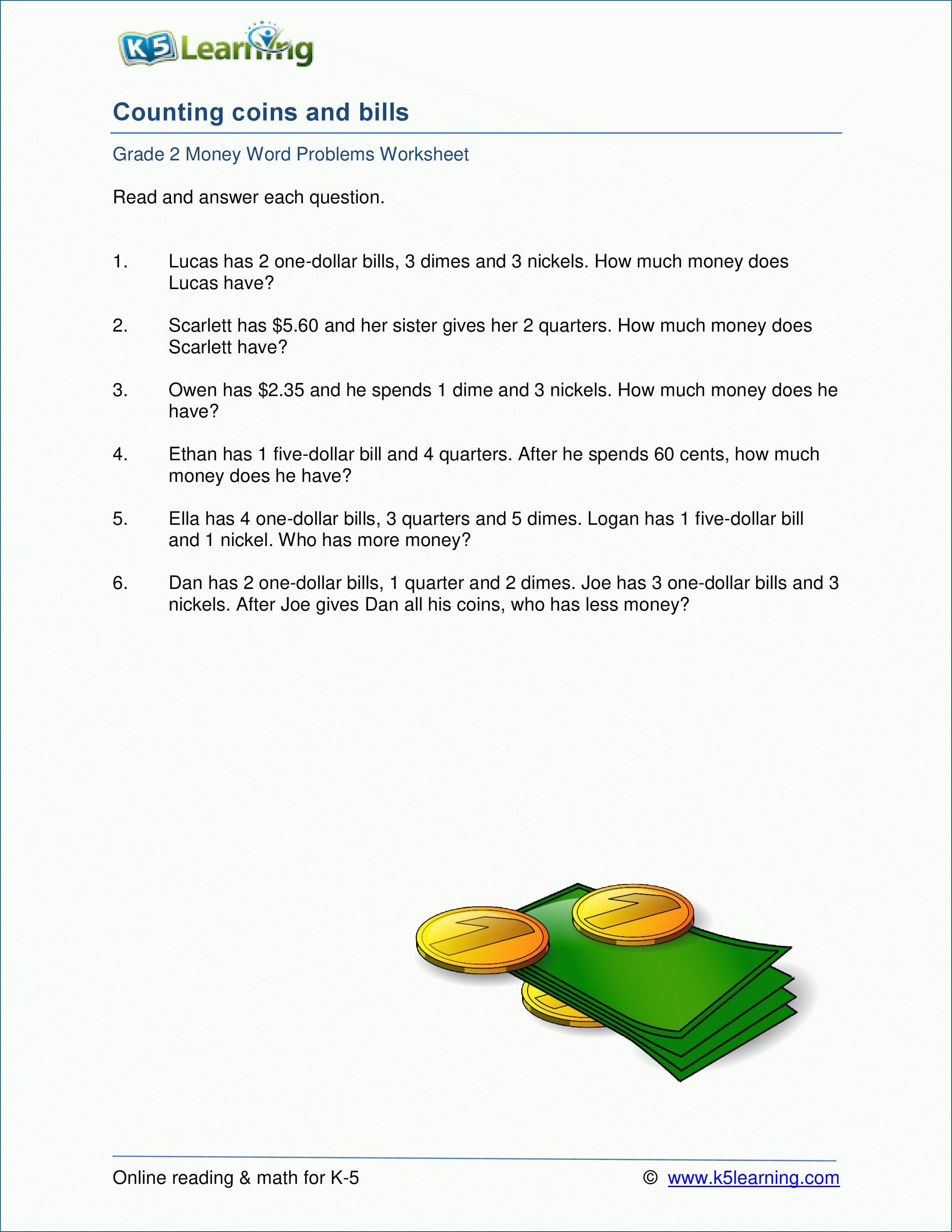 Grade 2 Money Word Problem Worksheets  K5 Learning Throughout K 5 Learning Worksheets