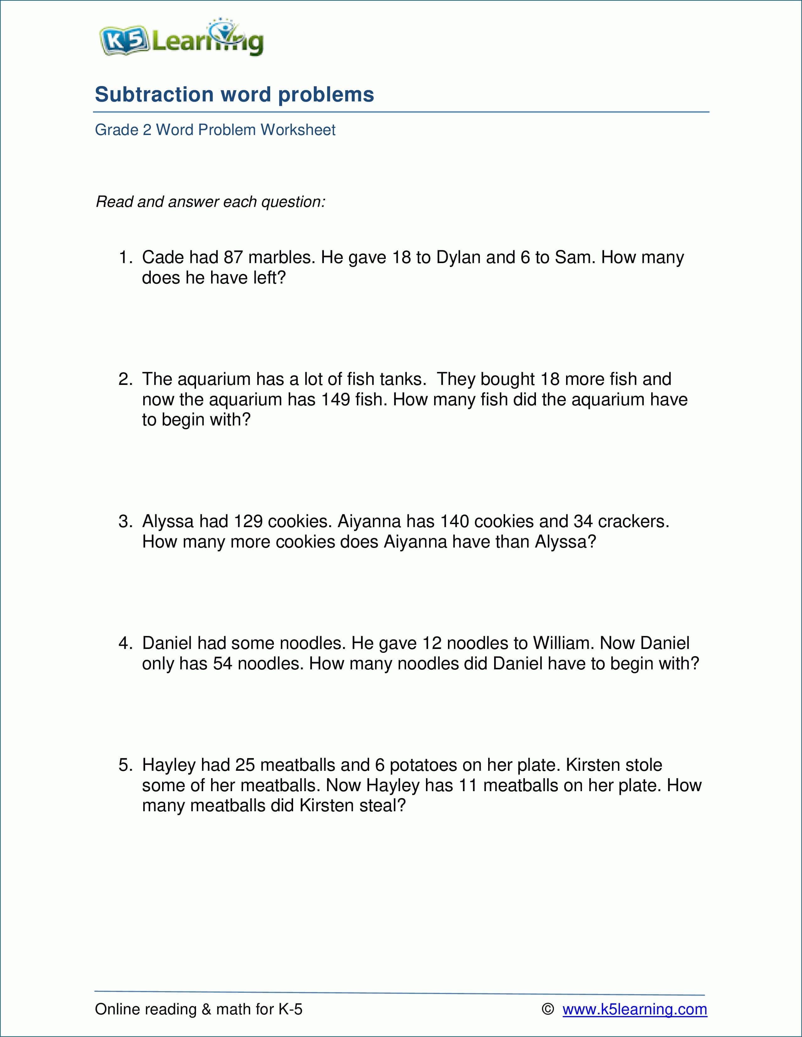 Grade 2 Subtraction Word Problem Worksheets 13 Digits  K5 Learning Regarding K 5 Learning Worksheets