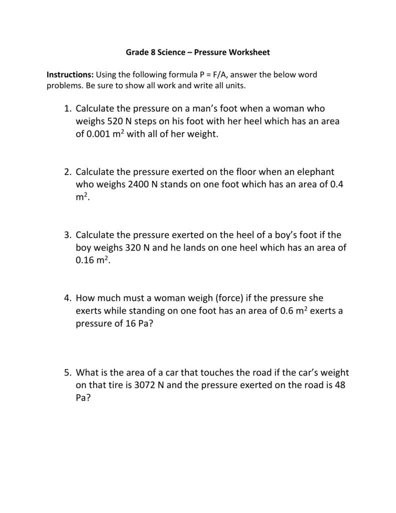 Grade 8 Science – Pressure Worksheet Instructions Inside Science Worksheets For Grade 8