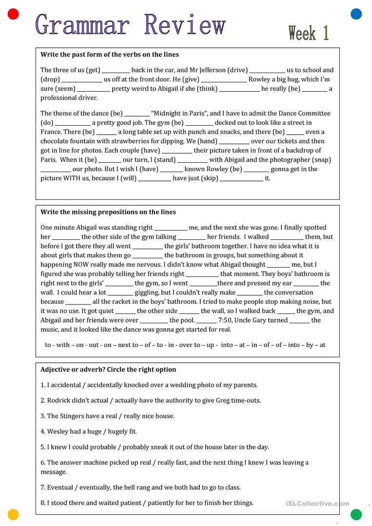 Grammar Review Week 1 Worksheet  Free Esl Printable Worksheets Made Also Esl Grammar Worksheets