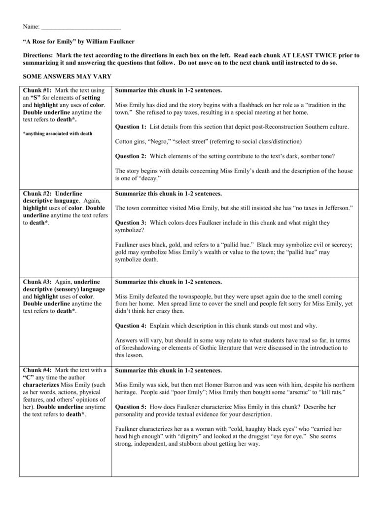 Graphic Organizer Key With Sample Responses Along With A Rose For Emily Worksheet Answers
