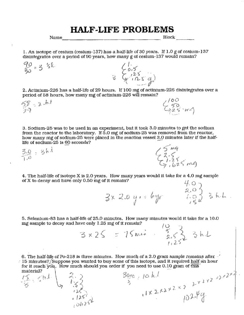 Halflife Problems Regarding Half Life Calculations Worksheet Answers