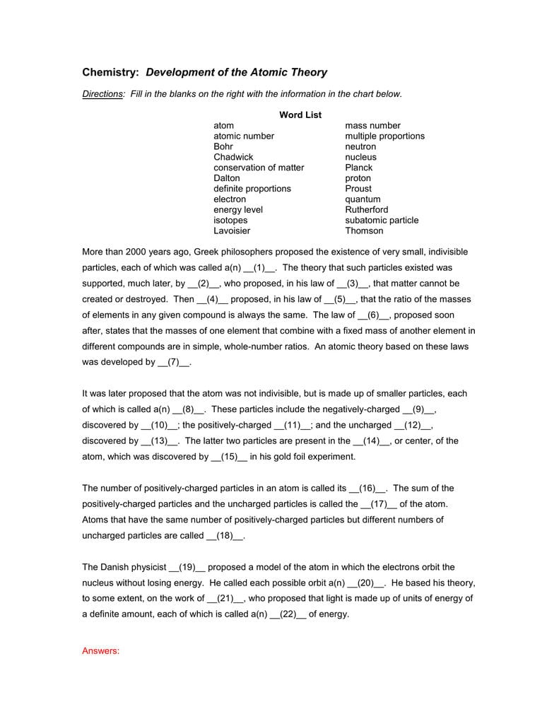 History Of Atomic Theories Worksheet Answers Inside Atomic Theory Worksheet Answers