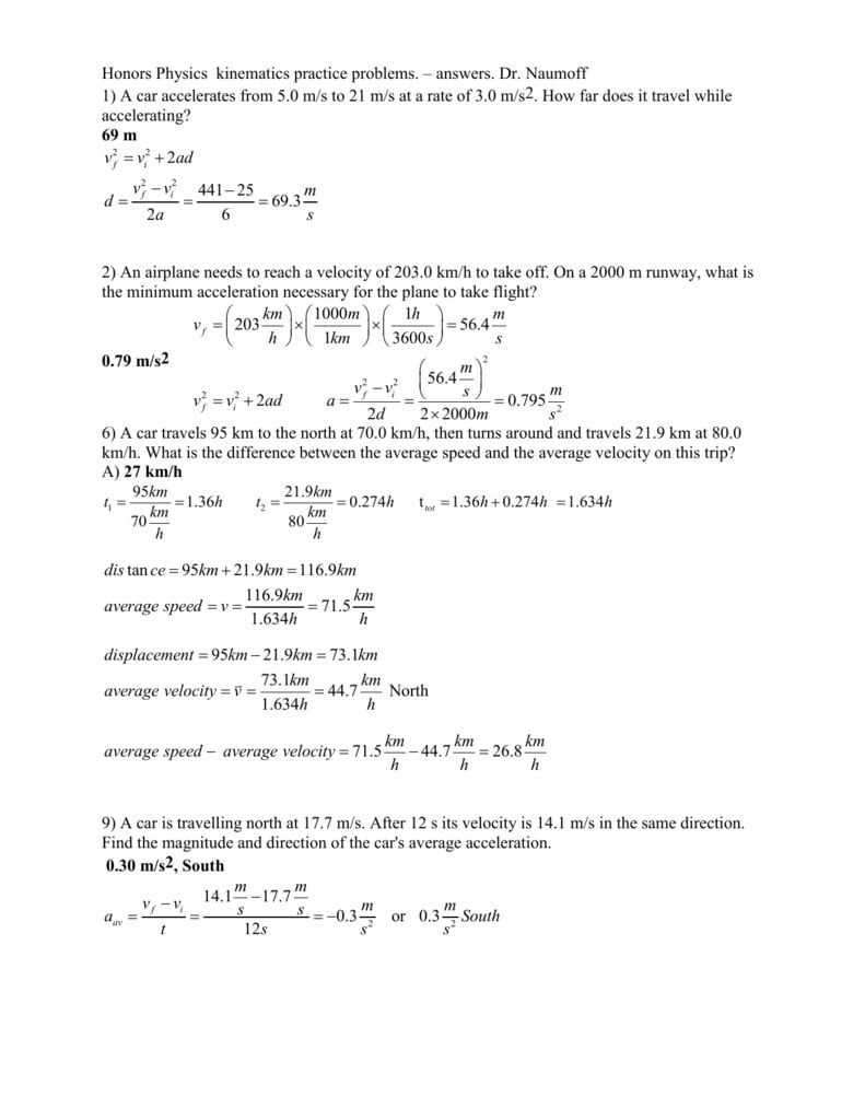 Honors Physics Kinematics Practice Problems – Answers Dr And Kinematics Practice Problems Worksheet Answers