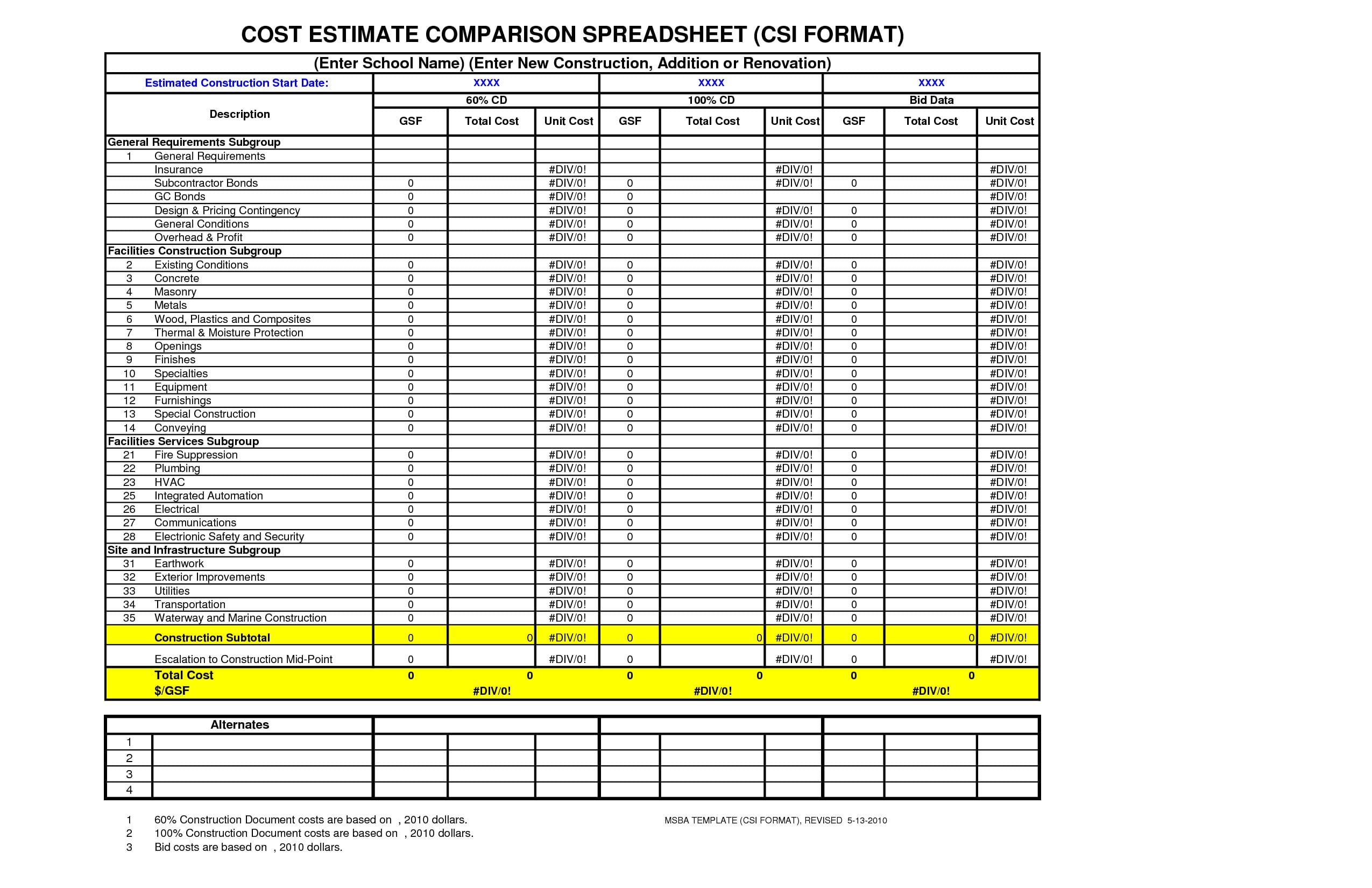 House Construction House Construction Excel Spreadsheet And Home Replacement Cost Estimator Worksheet
