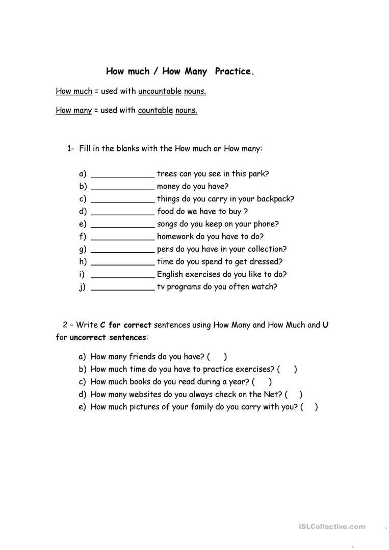 How Much How Many Practice Worksheet  Free Esl Printable Within English Worksheets Exercises