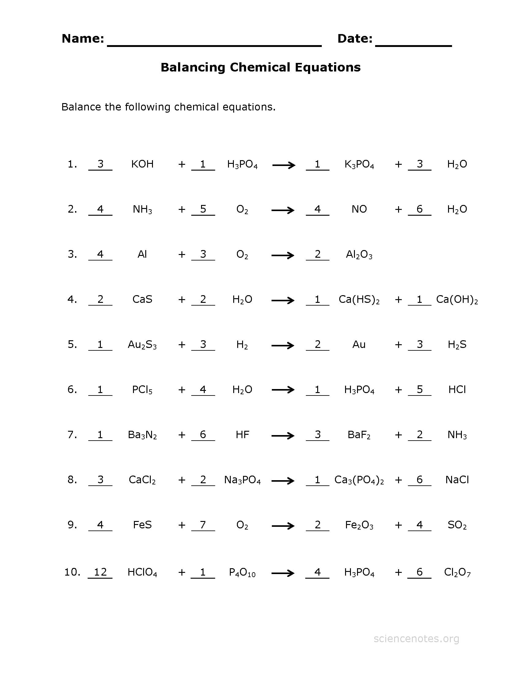 How To Balance Equations  Printable Worksheets Together With Chapter 7 Worksheet 1 Balancing Chemical Equations Answers