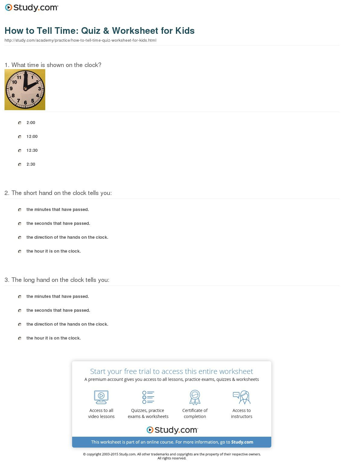 How To Tell Time Quiz  Worksheet For Kids  Study Along With Clock Quiz Worksheet