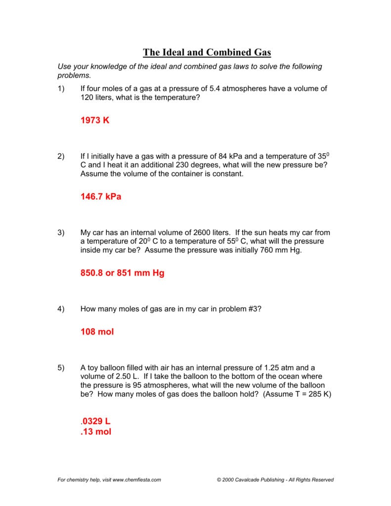 Ideal Gas Law Worksheet Pv  Nrt Also Gas Laws Worksheet 1 Answer Key