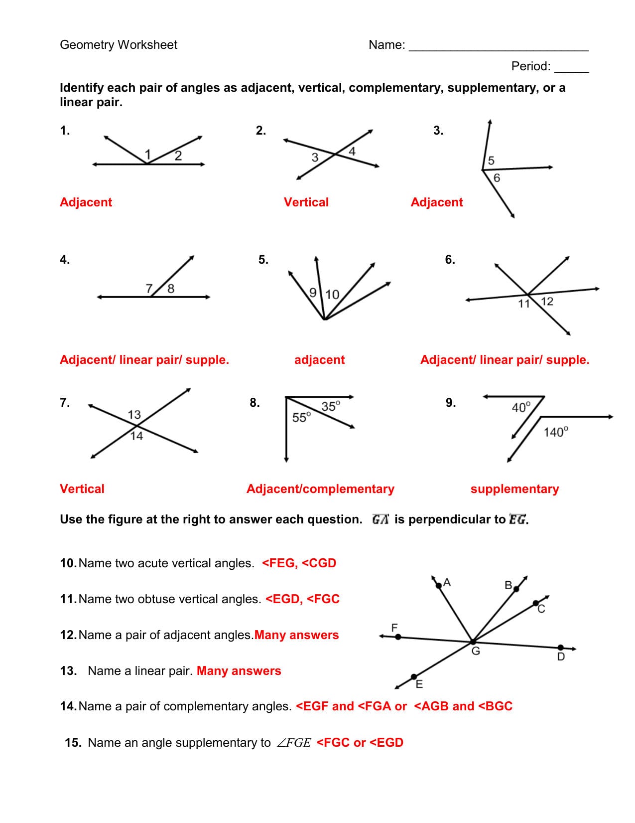 Identify Each Pair Of Angles As Adjacent Vertical Complementary For Pairs Of Angles Worksheet Answers