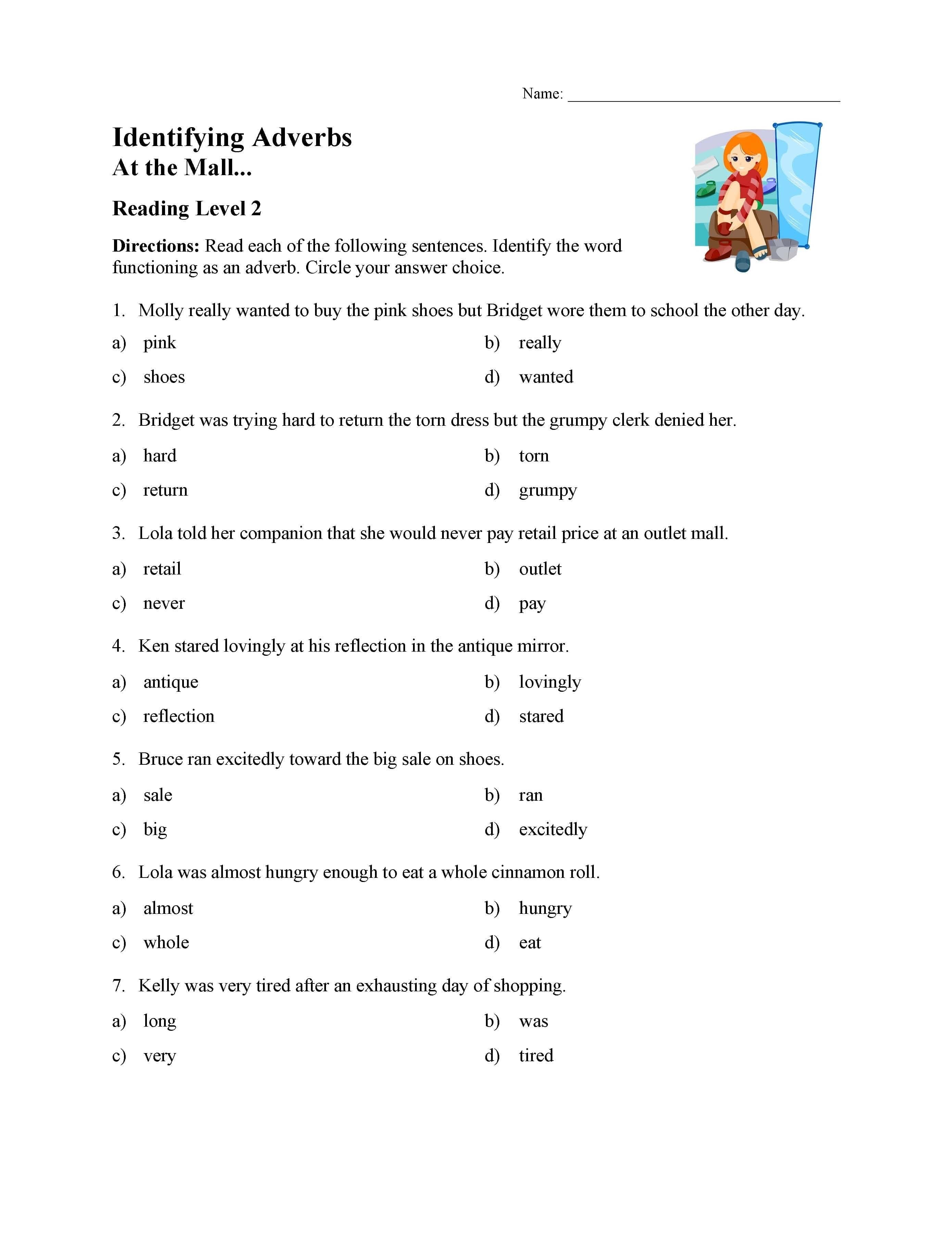 Identifying Adverbs Test  Reading Level 2  Preview With Regard To Identifying Adverbs Worksheet