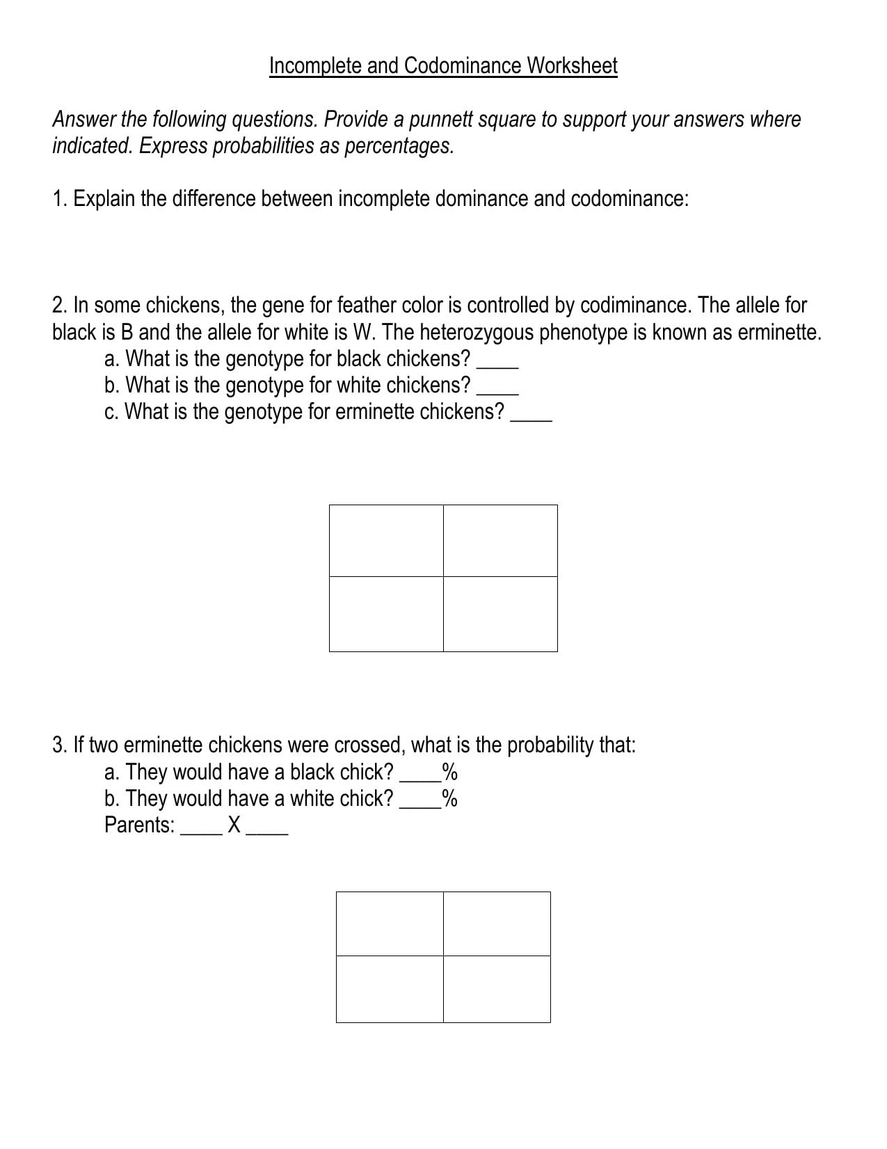 Incomplete And Codominance Worksheet And Codominance Incomplete Dominance Worksheet Answers